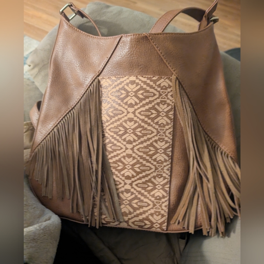 Steve Madden Fringed Brown Mix Of PU Leather & Leather trim crossbody Bag